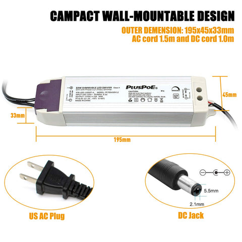 PLUSPOE 110V AC to 12V DC transformer for indoor LED lighting