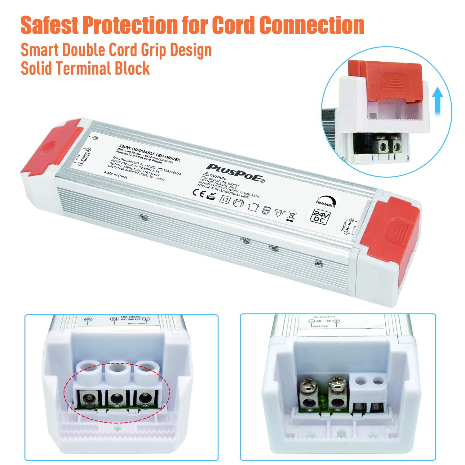 PLUSPOE 24V dimmable driver back label with clear specifications.