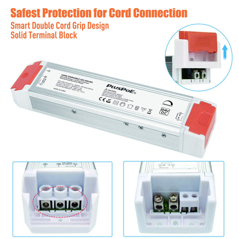 PLUSPOE 24V dimmable driver back label with clear specifications.