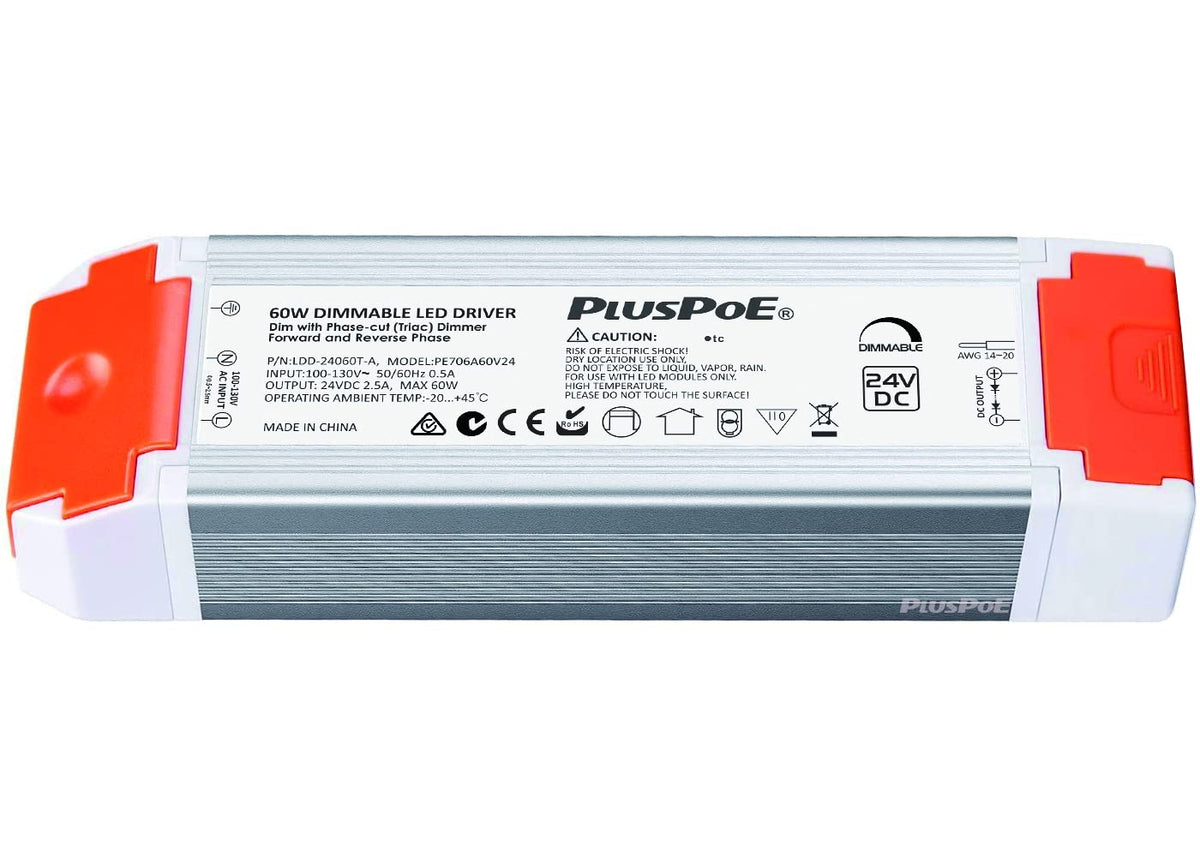 PLUSPOE 24V dimmable driver front view enables smooth brightness control for LED strips.