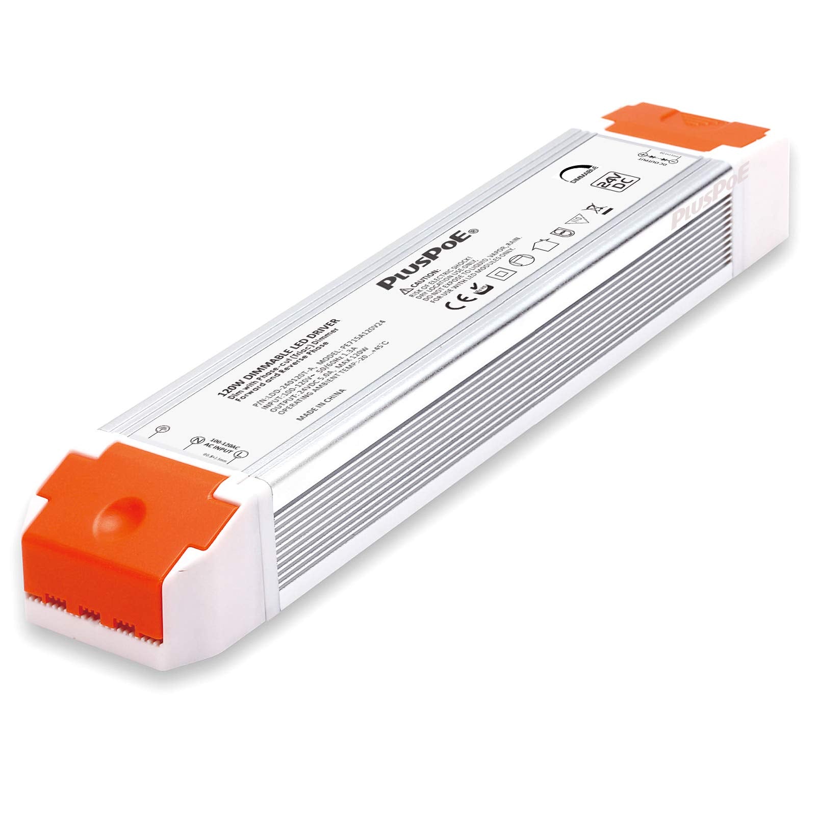 PLUSPOE 24V dimmable driver front view for LED strip lighting.