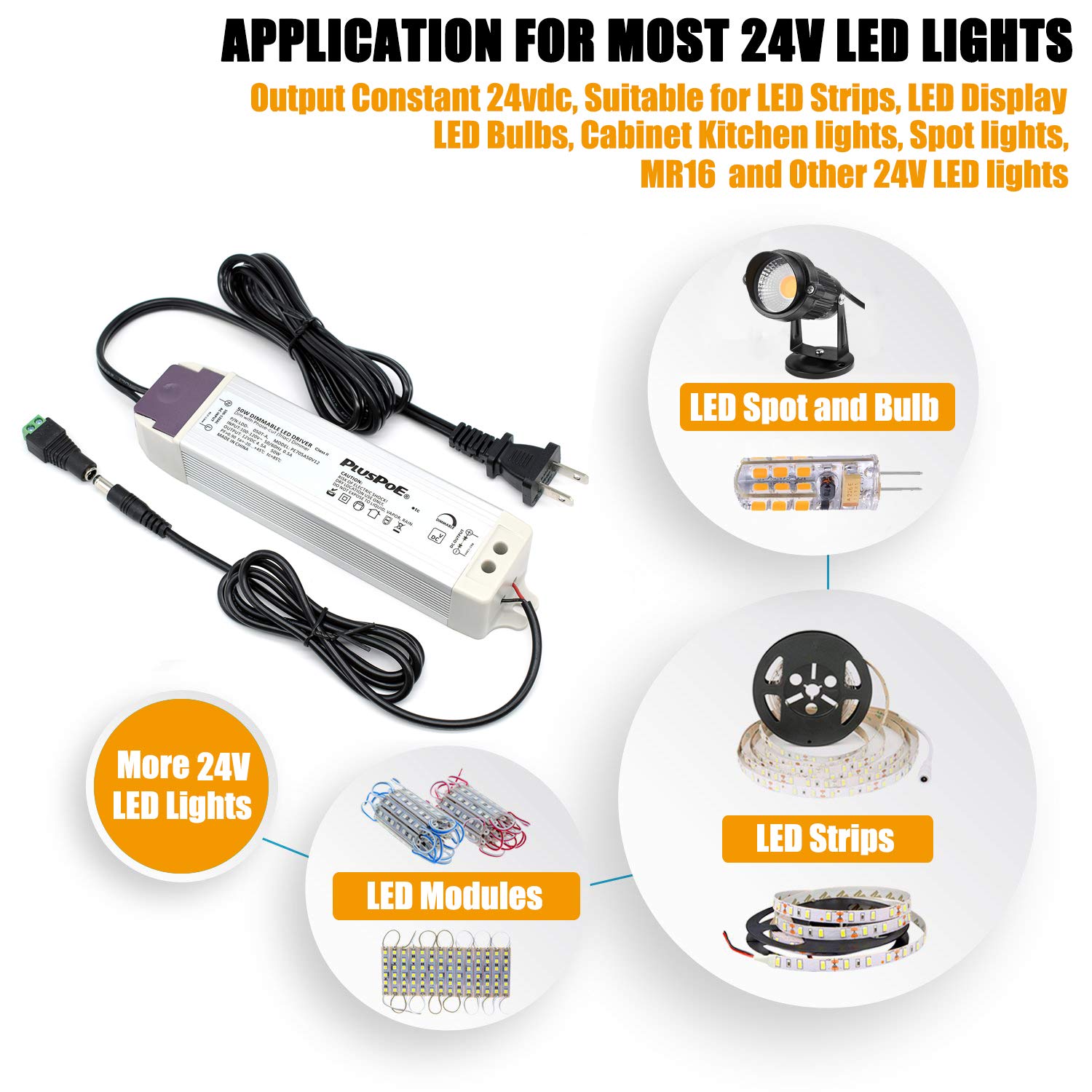 PLUSPOE 24V output cable close-up suitable for LED strips.