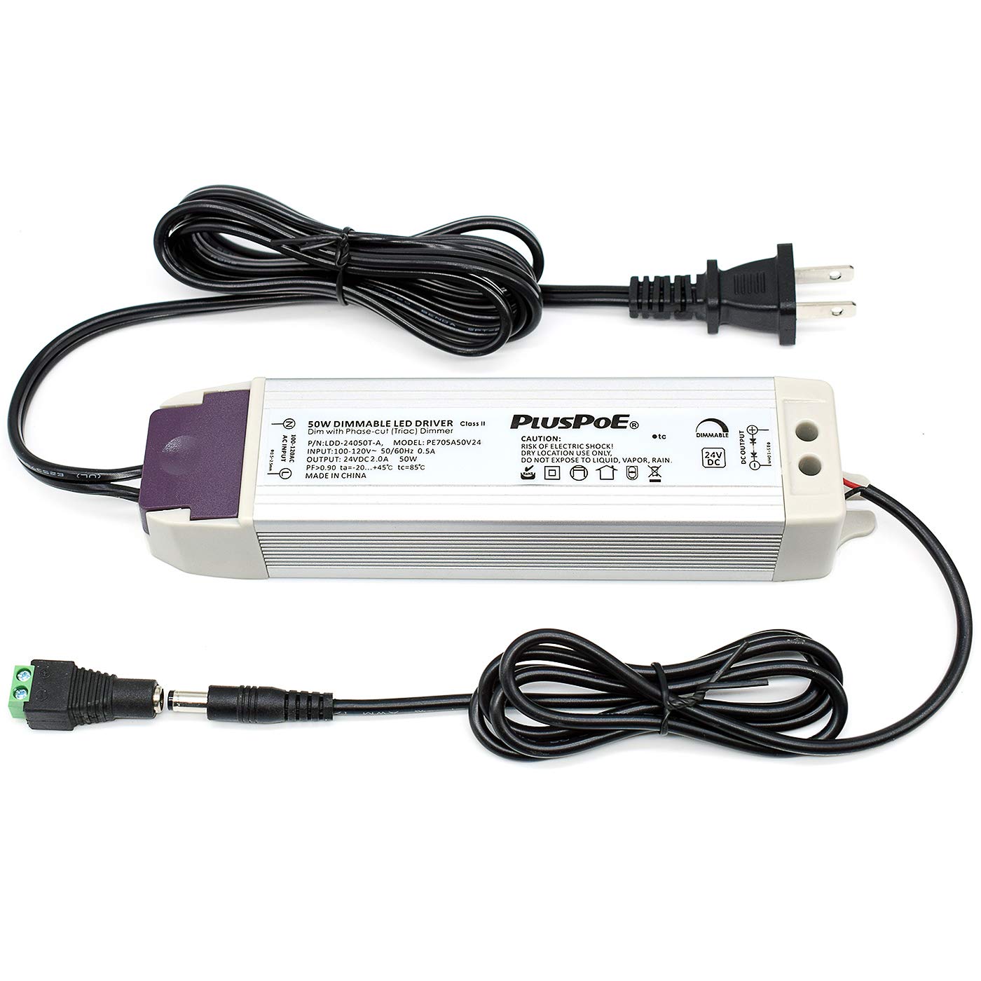 PLUSPOE LED driver front view showing compact, efficient dimmable power for 24V strips.