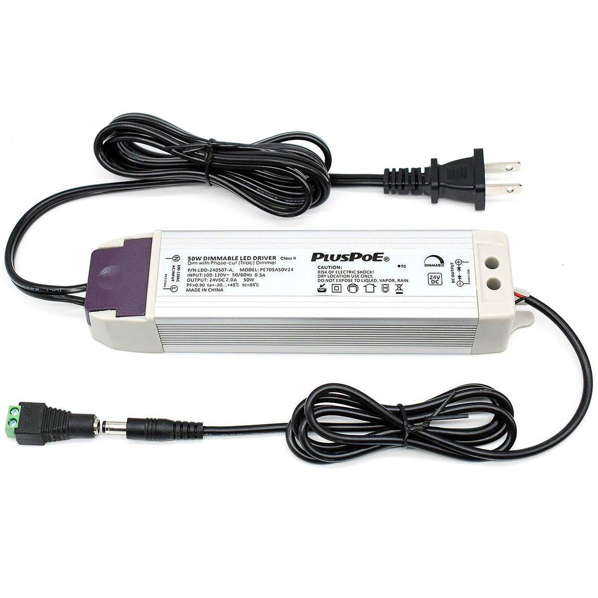PLUSPOE LED driver front view showing compact, efficient dimmable power for 24V strips.