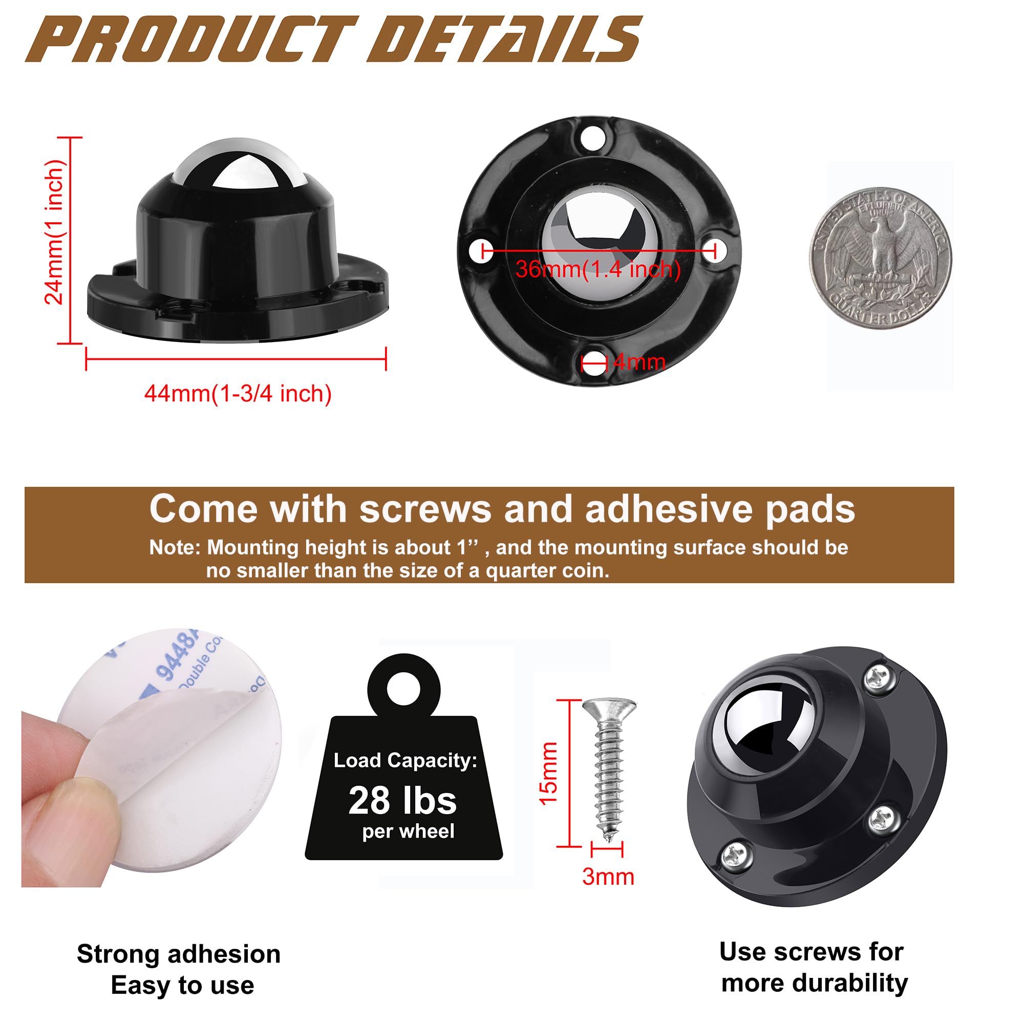 PlusRoc adhesive caster wheels installation kit close-up for quick setup on cabinets and bins.