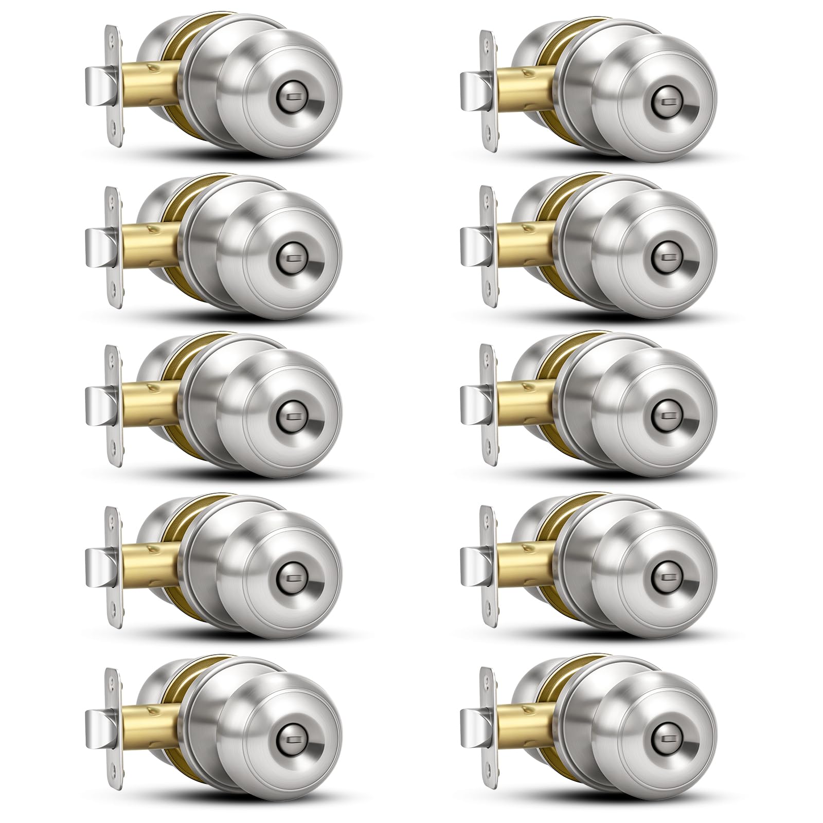 Plustool brushed nickel privacy door knobs – front view, rust-resistant and durable finish.