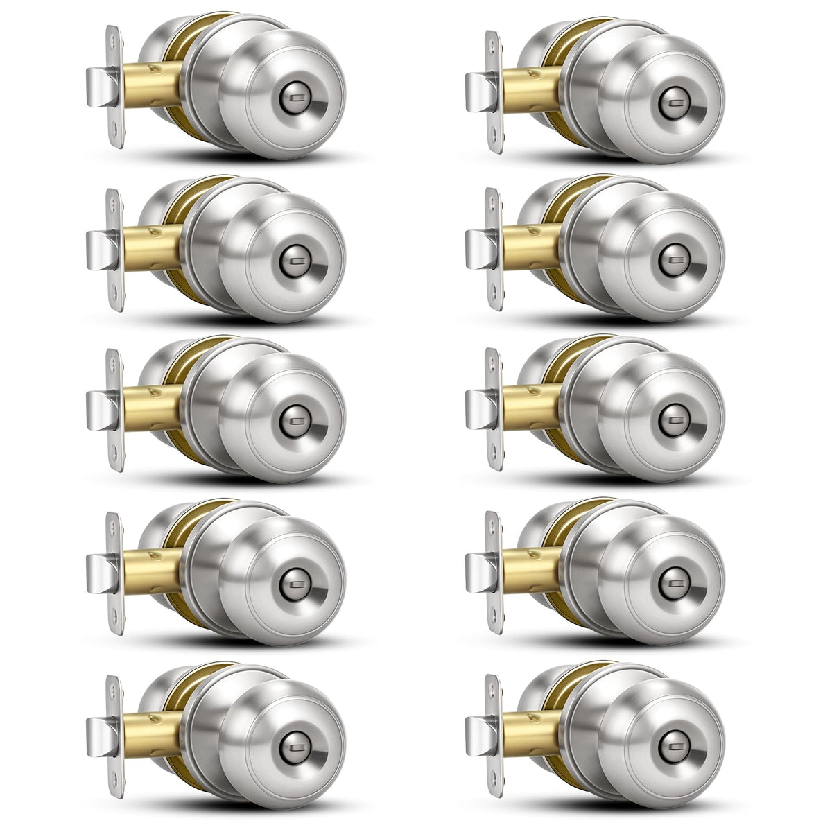 Plustool brushed nickel privacy door knobs – front view, rust-resistant and durable finish.
