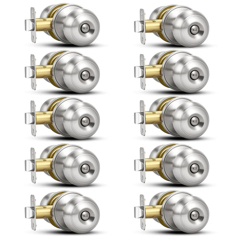 Plustool brushed nickel privacy door knobs – front view, rust-resistant and durable finish.