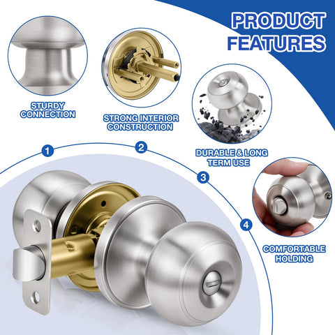 Plustool brushed nickel privacy knobs – side view, sleek modern hardware.