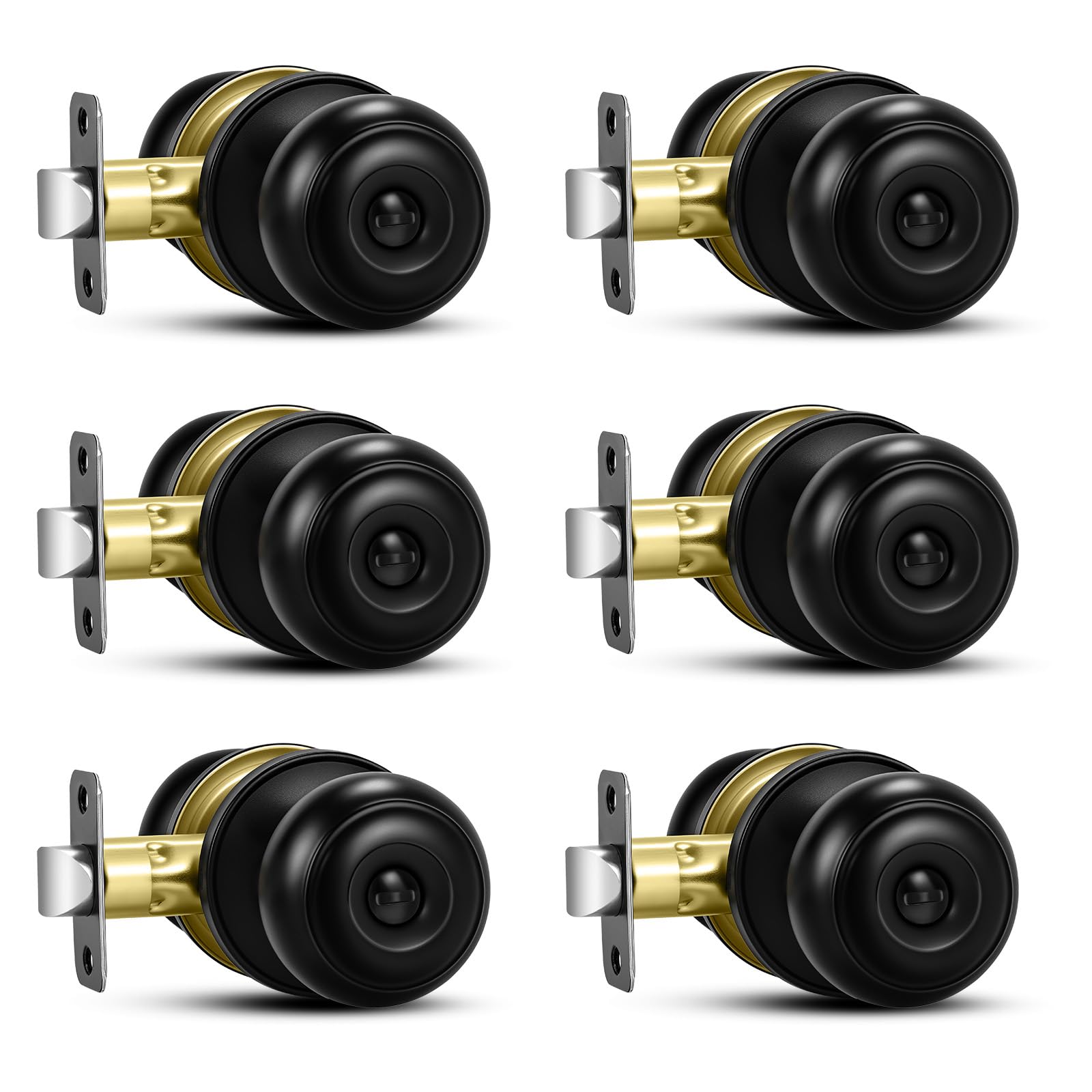 Plustool 6-pack matte black door knobs, durable and rust-resistant for interior privacy.