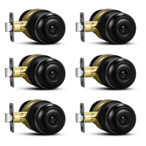 Plustool 6-pack matte black door knobs, durable and rust-resistant for interior privacy.