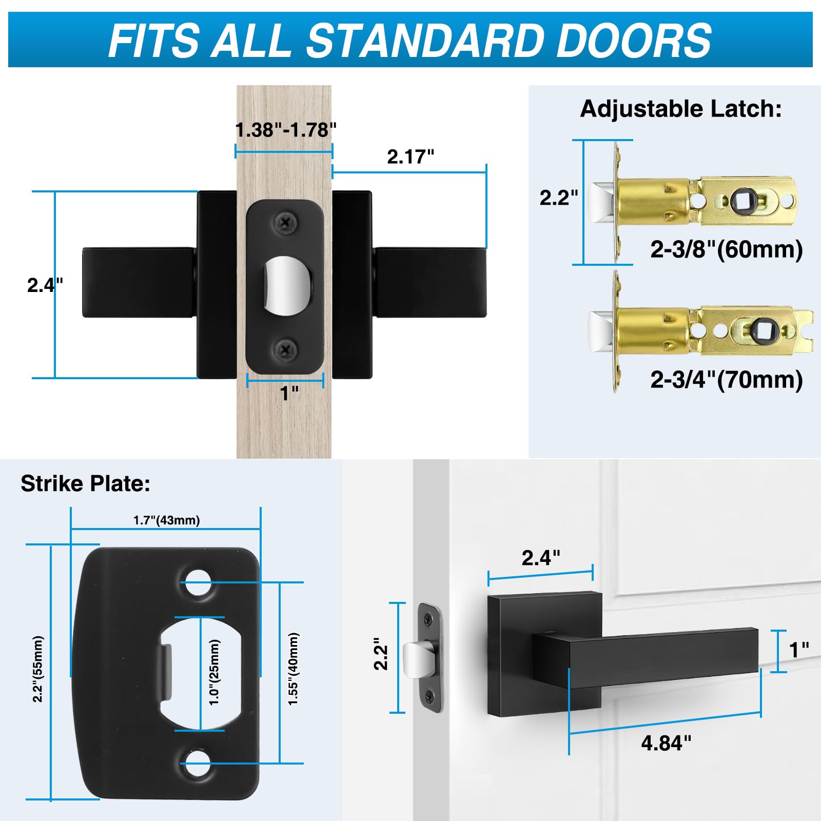 Plustool adjustable latch highlights compatibility for 2-3/8 and 2-3/4 inch doors.