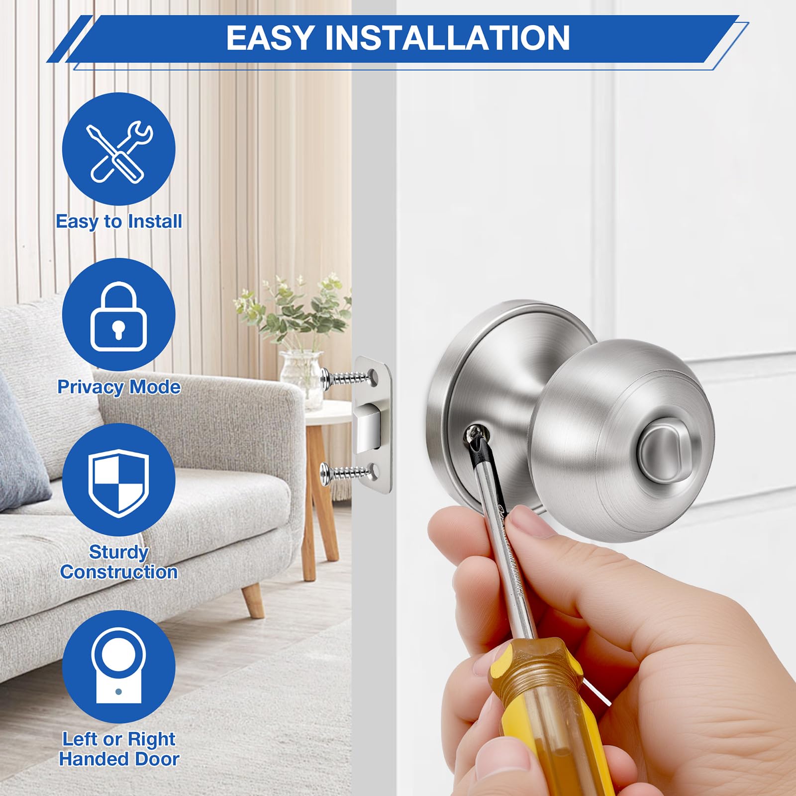 Plustool brushed nickel door knob latch assembly with adjustable backset for various doors