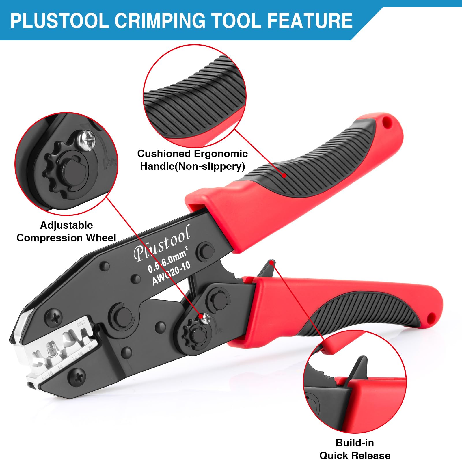 Ergonomic Plustool handle improves comfort during longer crimping sessions.