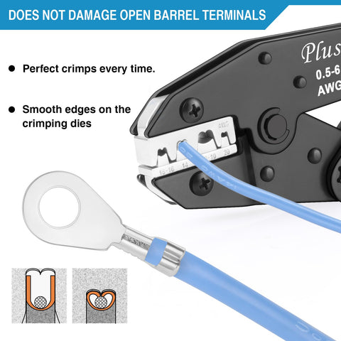 Ratcheting mechanism of Plustool tool provides steady, repeatable crimps.