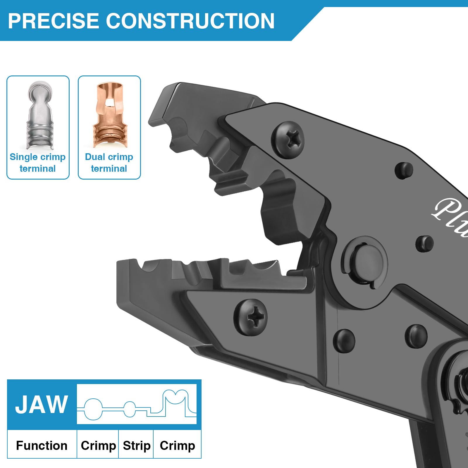 Plustool ratcheting mechanism shown in action for uniform crimps every cycle.
