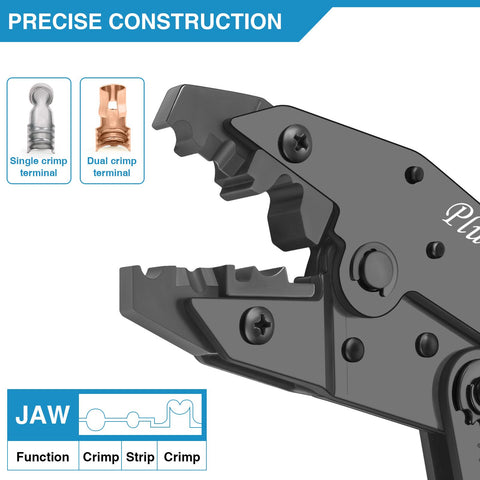 Plustool ratcheting mechanism shown in action for uniform crimps every cycle.