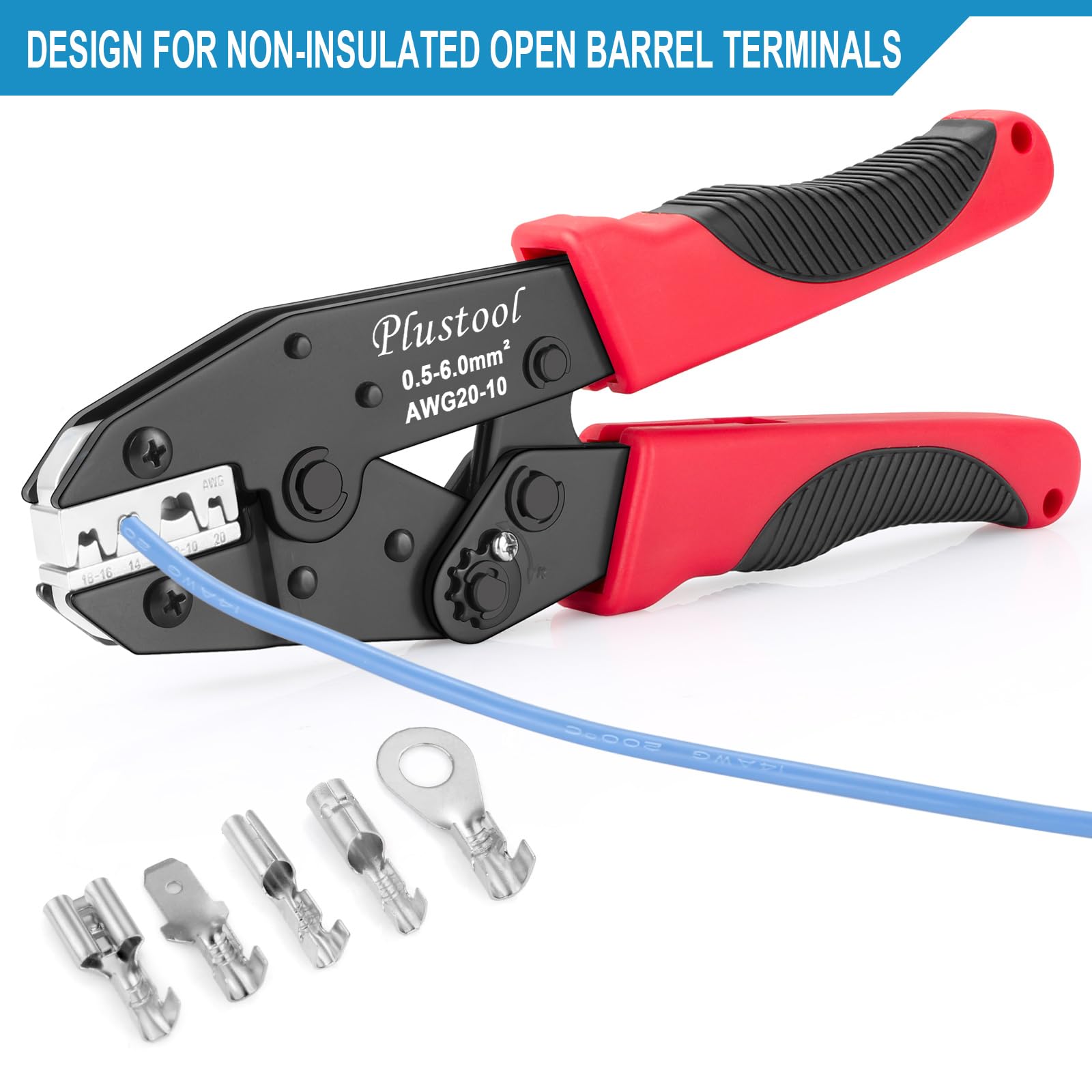 Plustool crimping tool receptacles AWG 20-10 ensures consistent crimps.