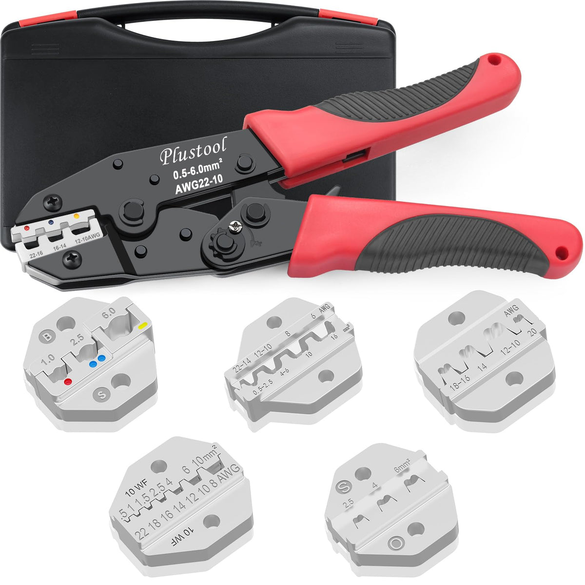 Plustool crimping tool set with ratcheting jaws for consistent crimps