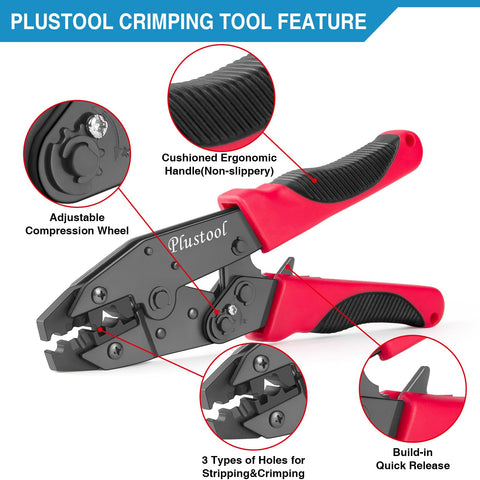 Adjustable star wheel on Plustool controls crimp height precisely.