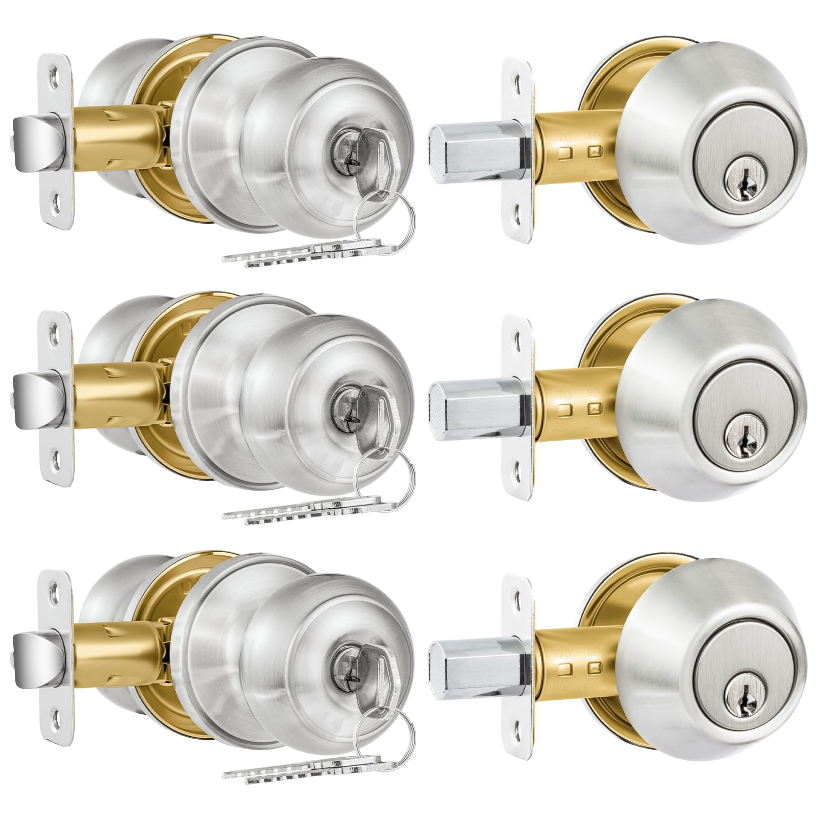 Plustool entry door lock and deadbolt front view in satin nickel for exterior doors.