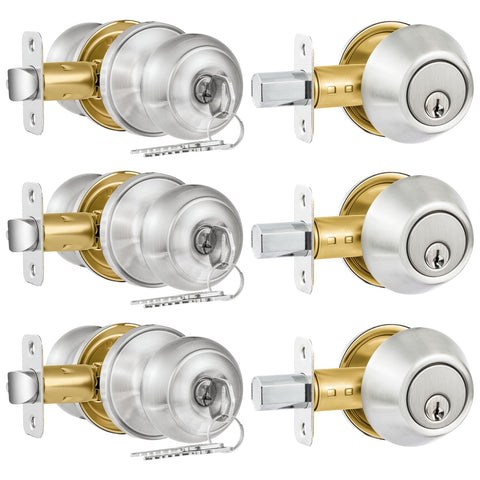 Plustool entry door lock and deadbolt front view in satin nickel for exterior doors.
