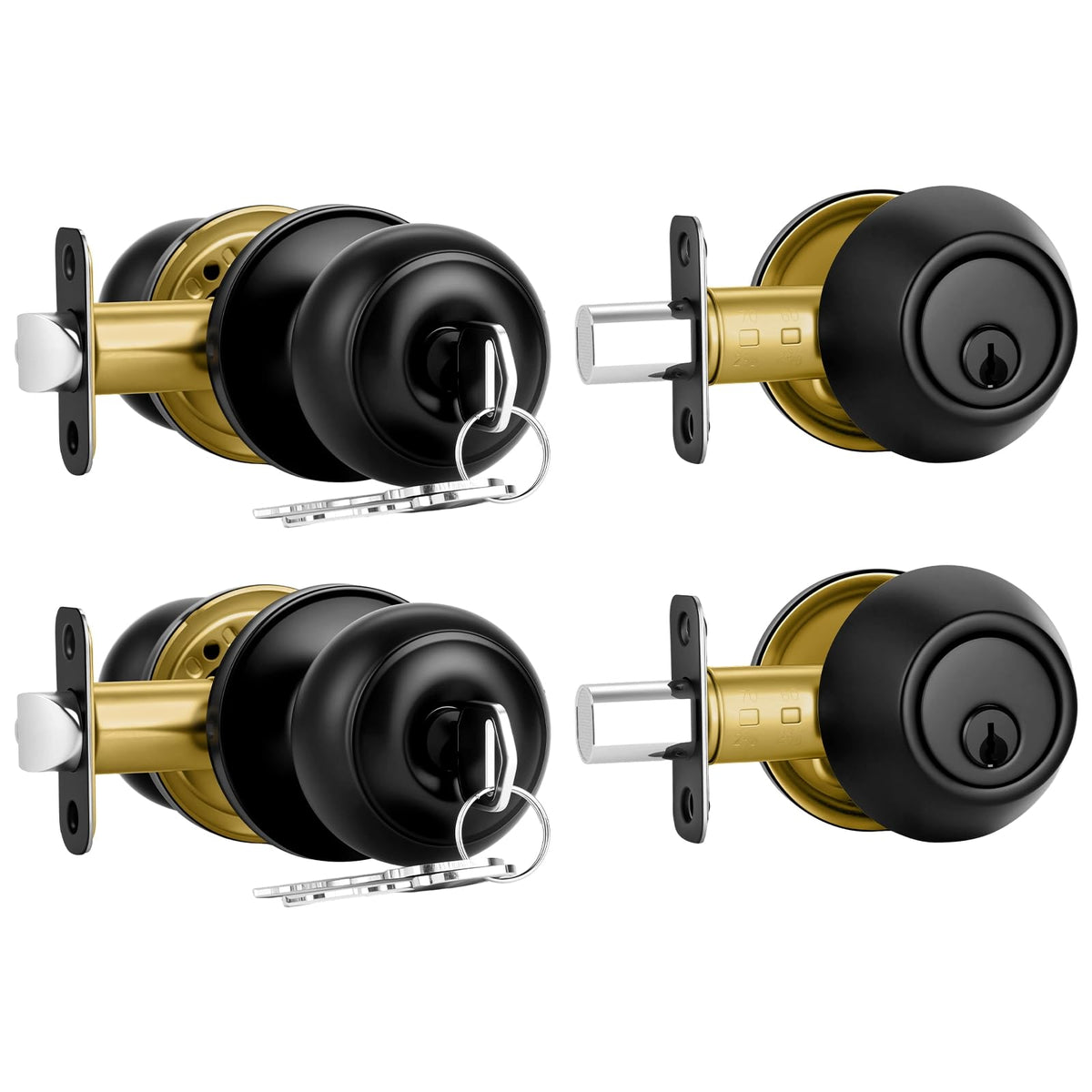 Plustool matte black front door lock set with round ball knob for secure entry.