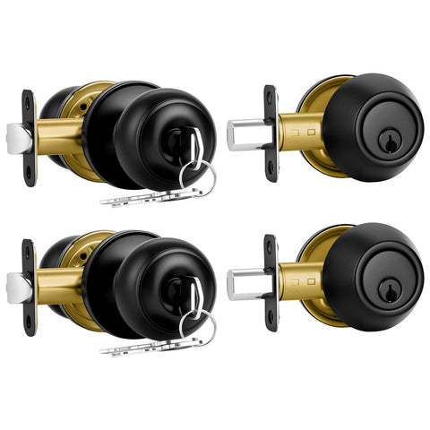 Plustool matte black front door lock set with round ball knob for secure entry.