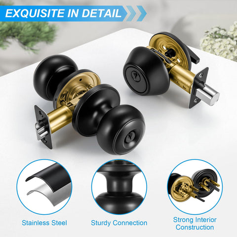Plustool round ball door knob design on matte black finish.