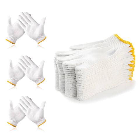 PLWJK unisex white knitted safety gloves packaging showing 36 pairs for versatile tasks