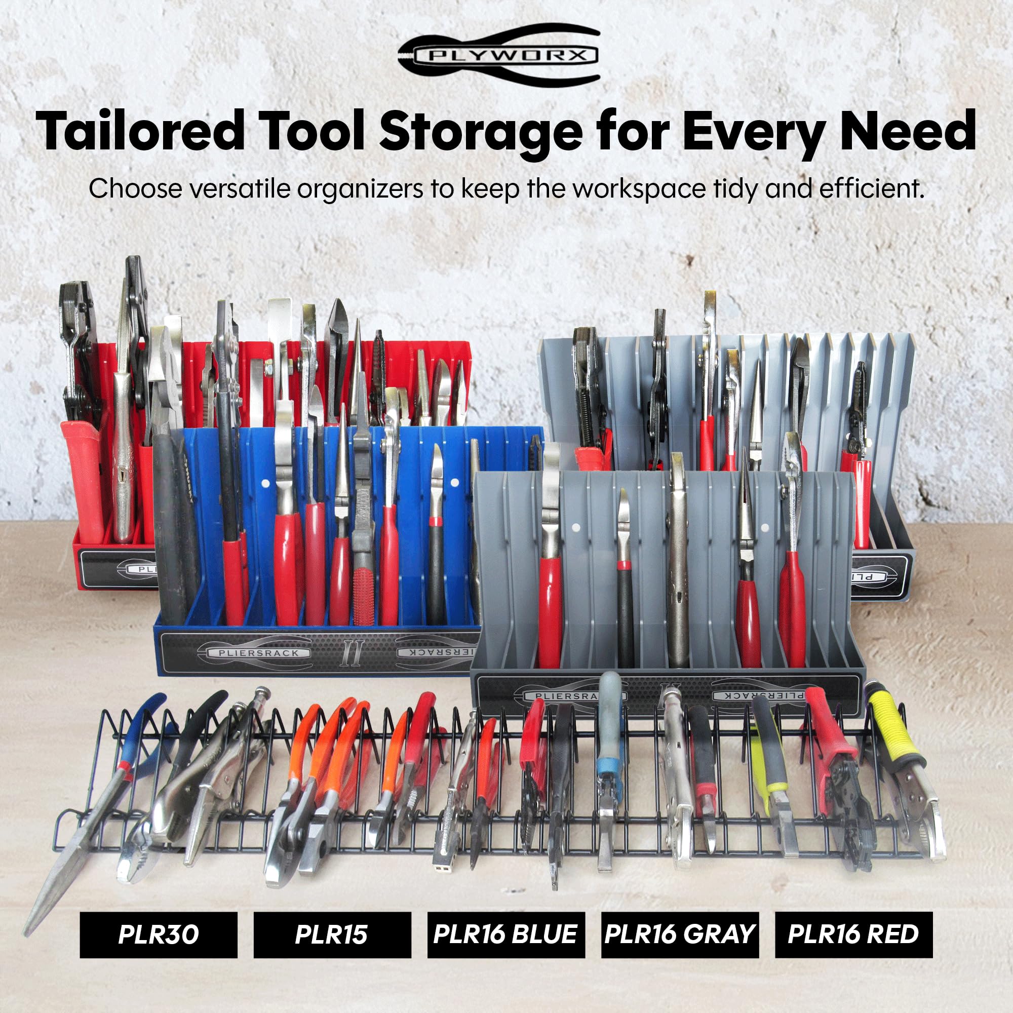 Plyworx extra-wide spaces accommodate larger pliers with insulated handles.