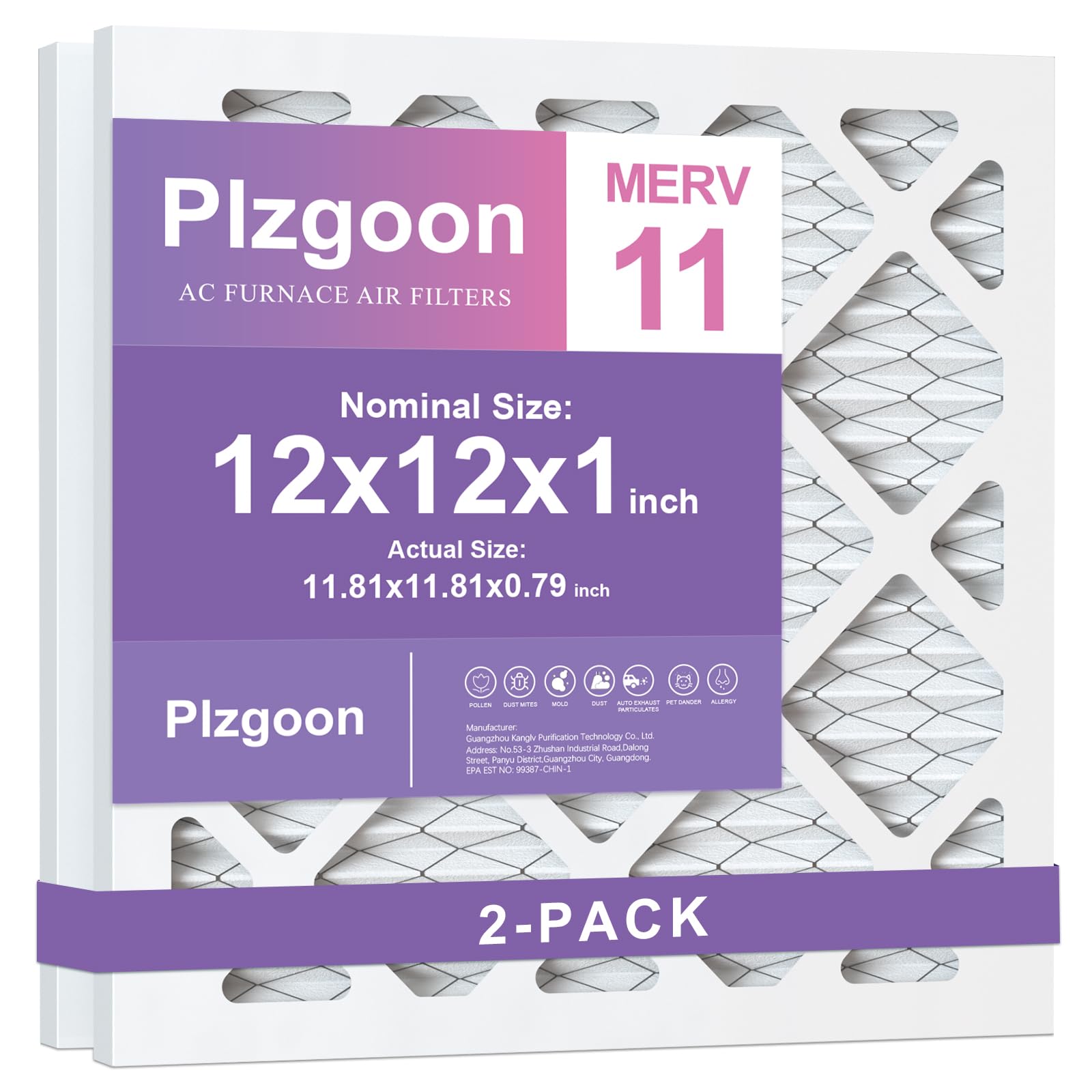Plzgoon 12x12x1 air filter front view with pleated design for cleaner indoor air