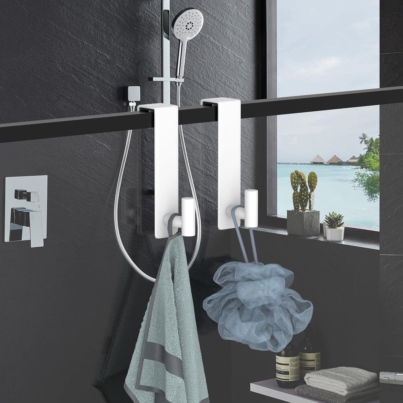 PMMASTO hook holding towels and coats in a cozy hallway setting