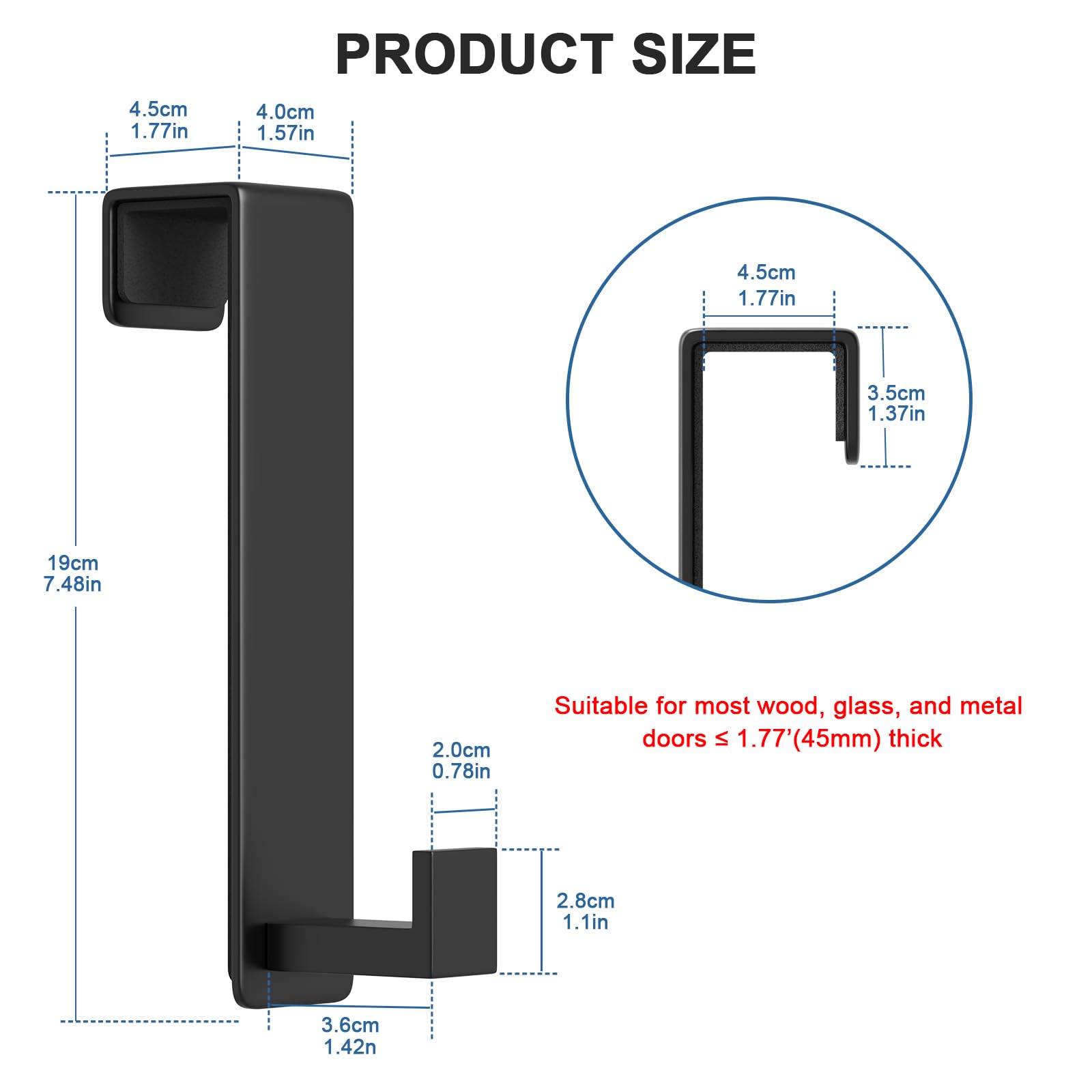 PMMASTO rubber-backed hook protects surfaces and minimizes door scratches.