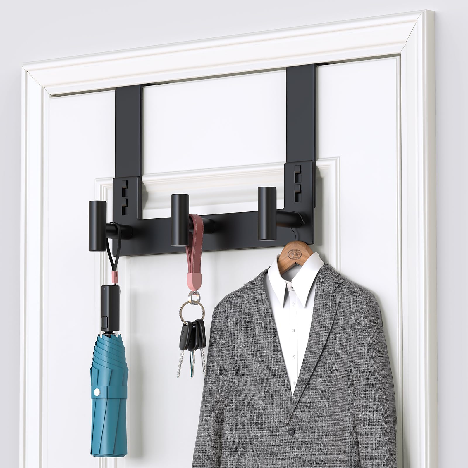 PMMASTO over-the-door hooks black extended-T-hook highlighting longer towel reach.
