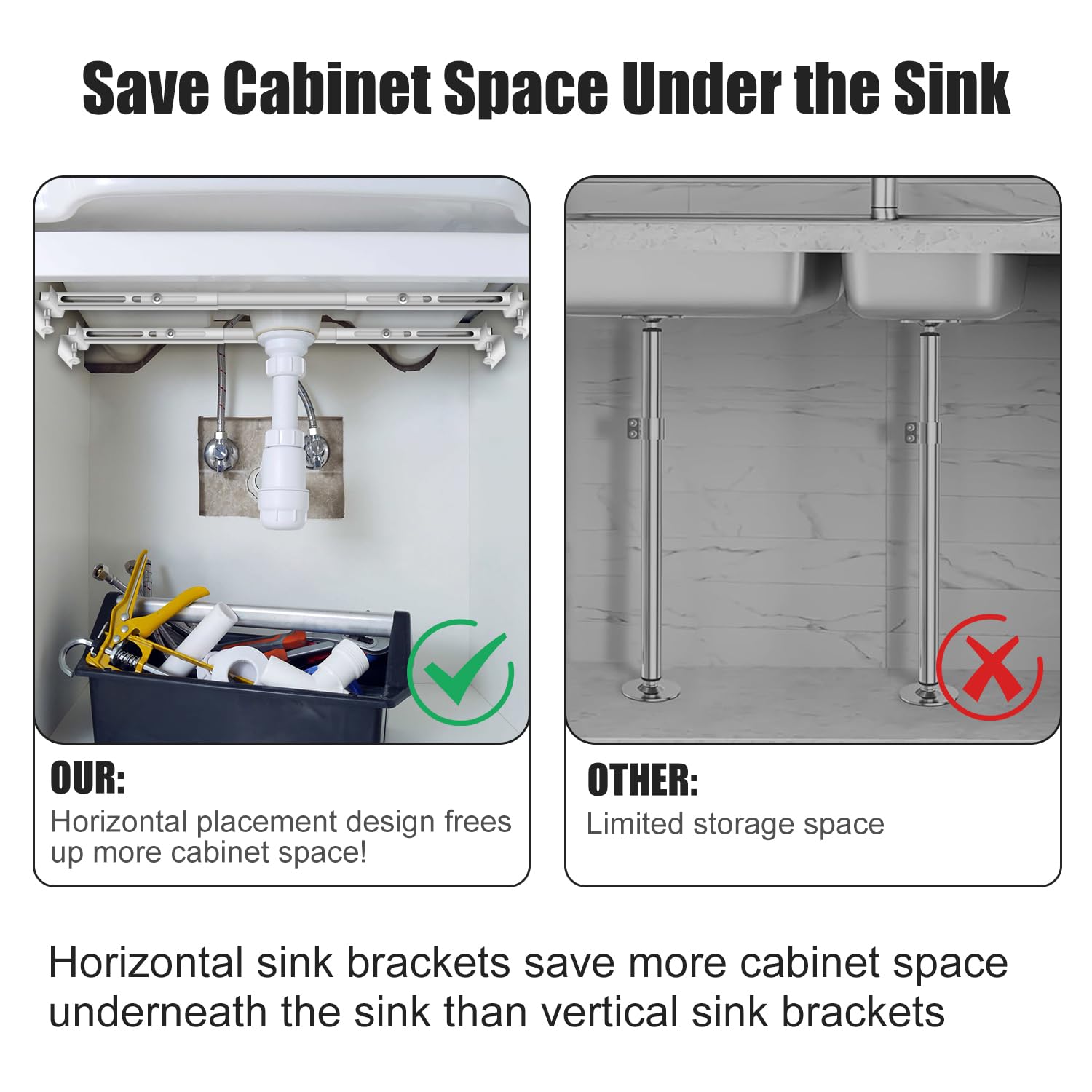 PMMJ undermount bracket features telescoping rods enabling precise fit without pipes removal