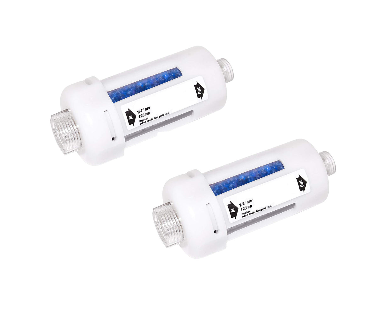 PneumaticPlus DFD-10 inline desiccant dryer mounted on a spray gun for clean air