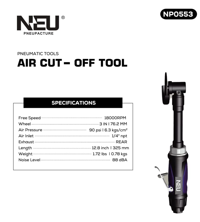 PNEUPACTURE air cut off tool with 360 degree guard protects against sparks from angles.