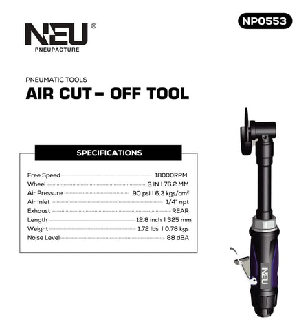 PNEUPACTURE air cut off tool with 360 degree guard protects against sparks from angles.