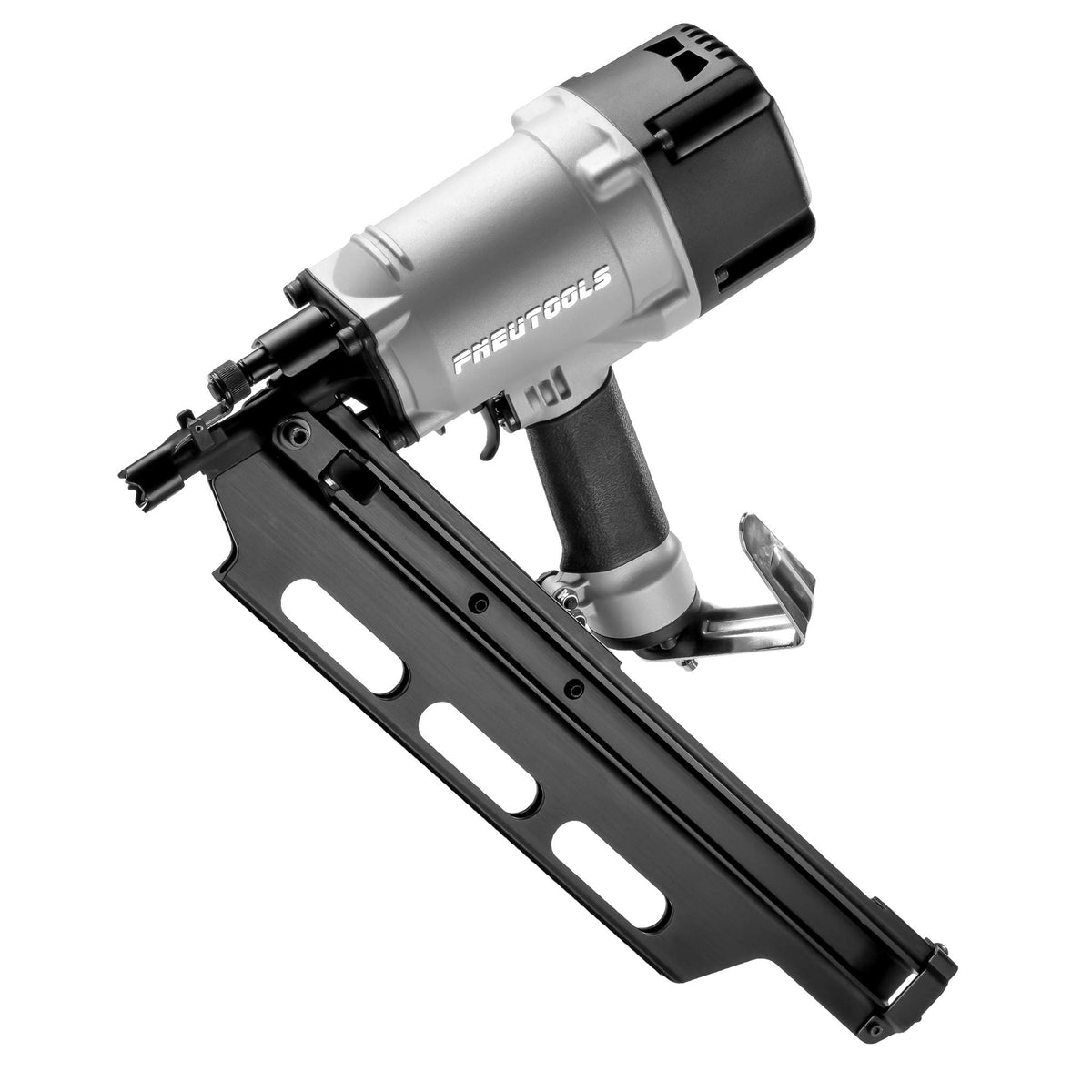PneuTools SN2283H-AD with rafter hook for overhead framing tasks.