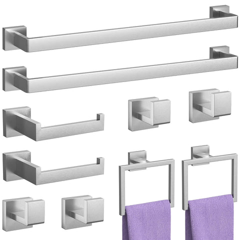 PNWNNH brushed nickel 10-piece bathroom accessories set displayed for wall mounting.