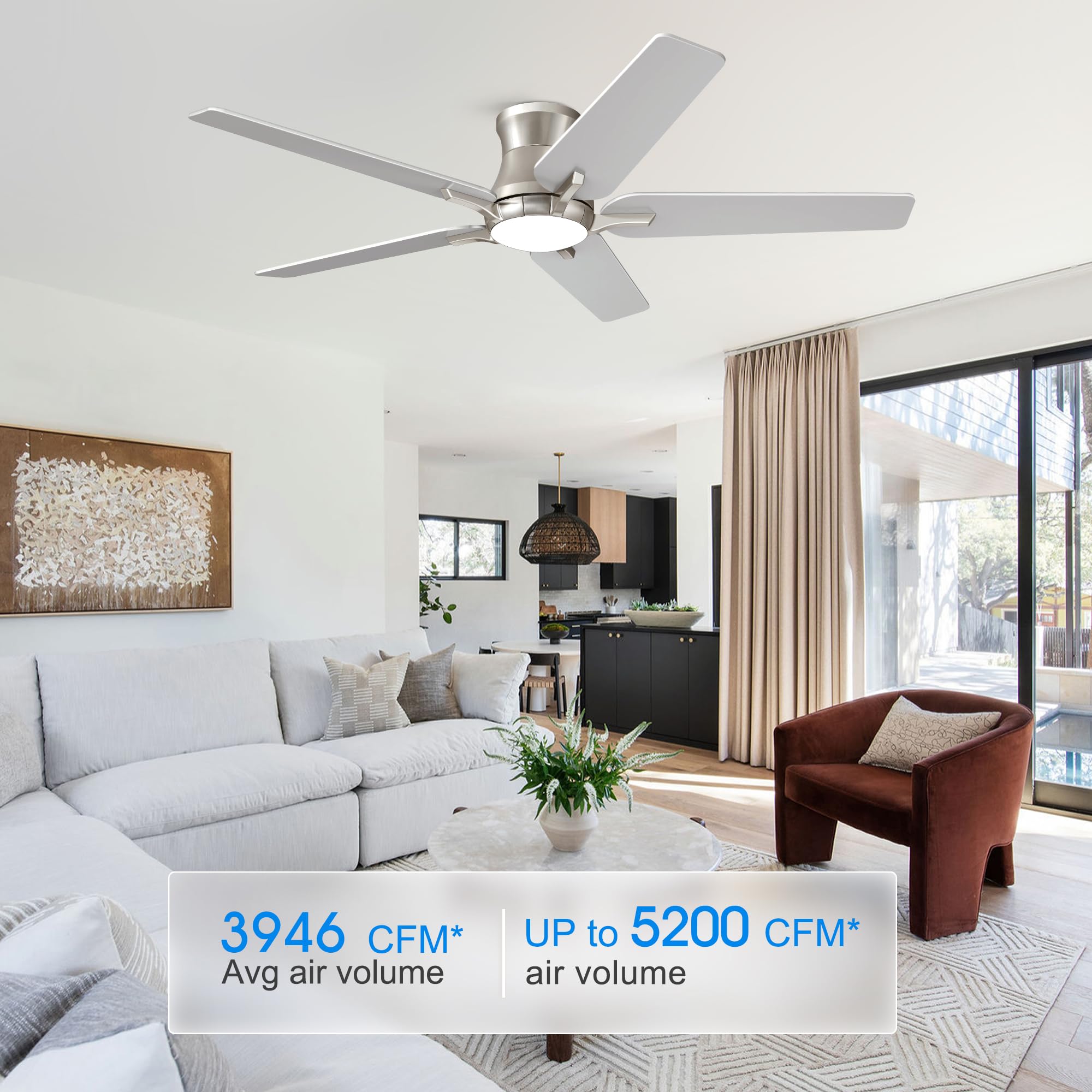 POCHFAN low-profile flush mount with brushed nickel finish.