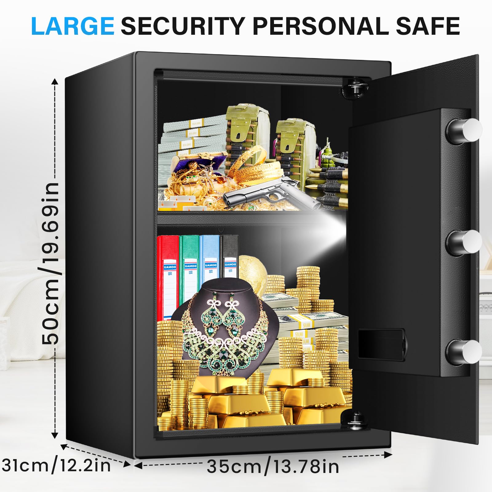 Interior space of the Pockrif safe shows room for documents, jewelry, and valuables