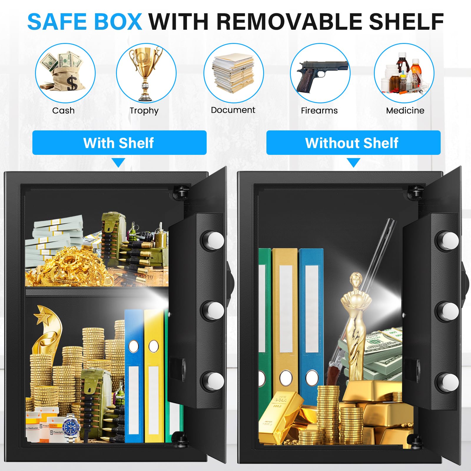 Removable shelf inside the Pockrif safe allows flexible organization