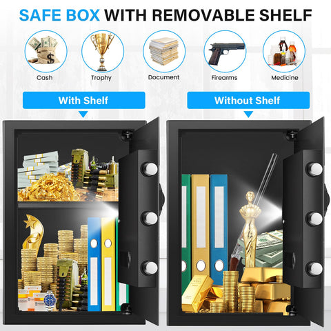 Removable shelf inside the Pockrif safe allows flexible organization