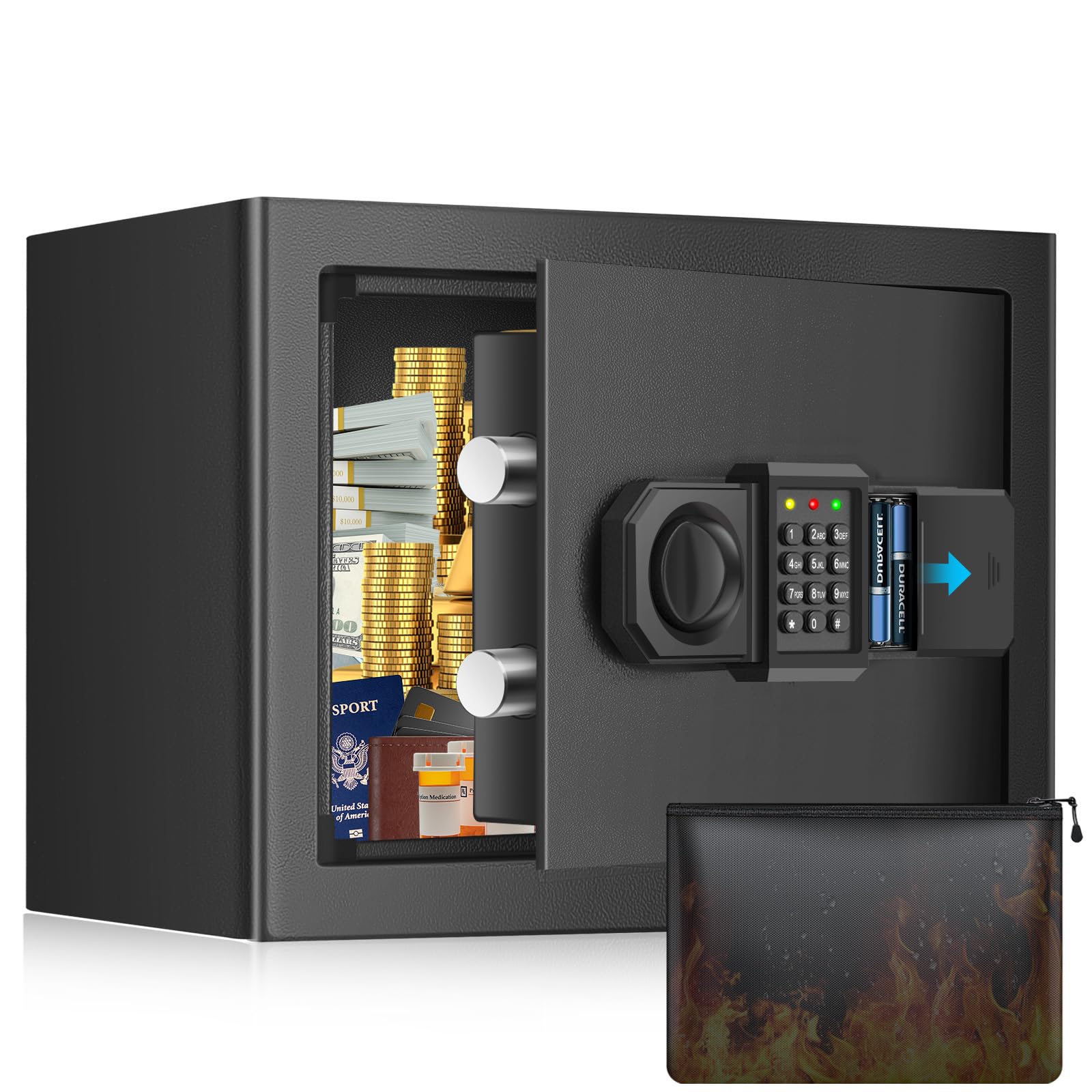 Pockrif small safe box front view with compact steel construction for discreet home storage.