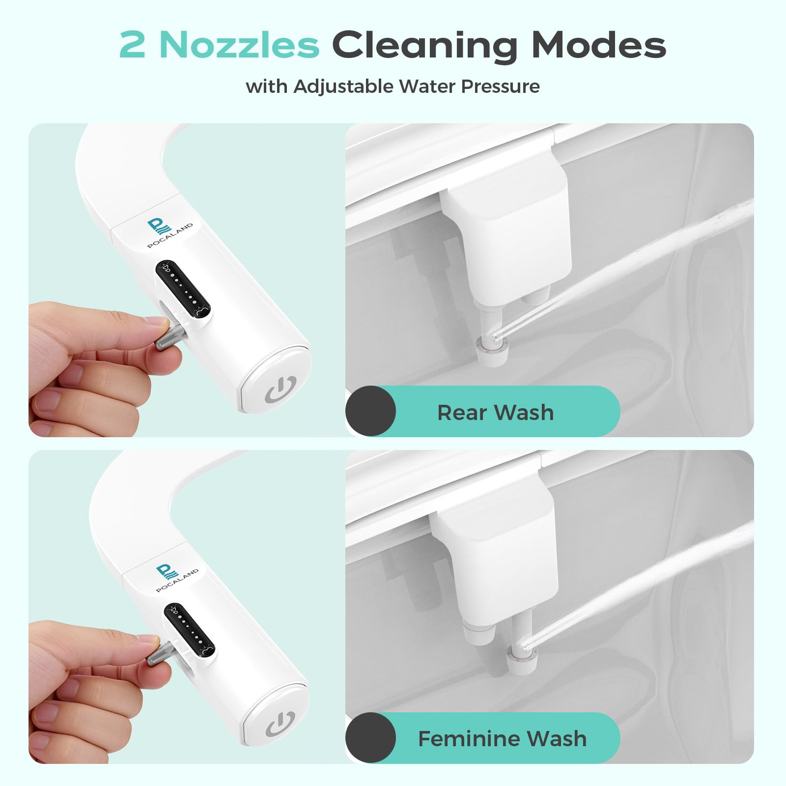 POCALAND bidet with pressure control knob enables customized water flow for comfort.