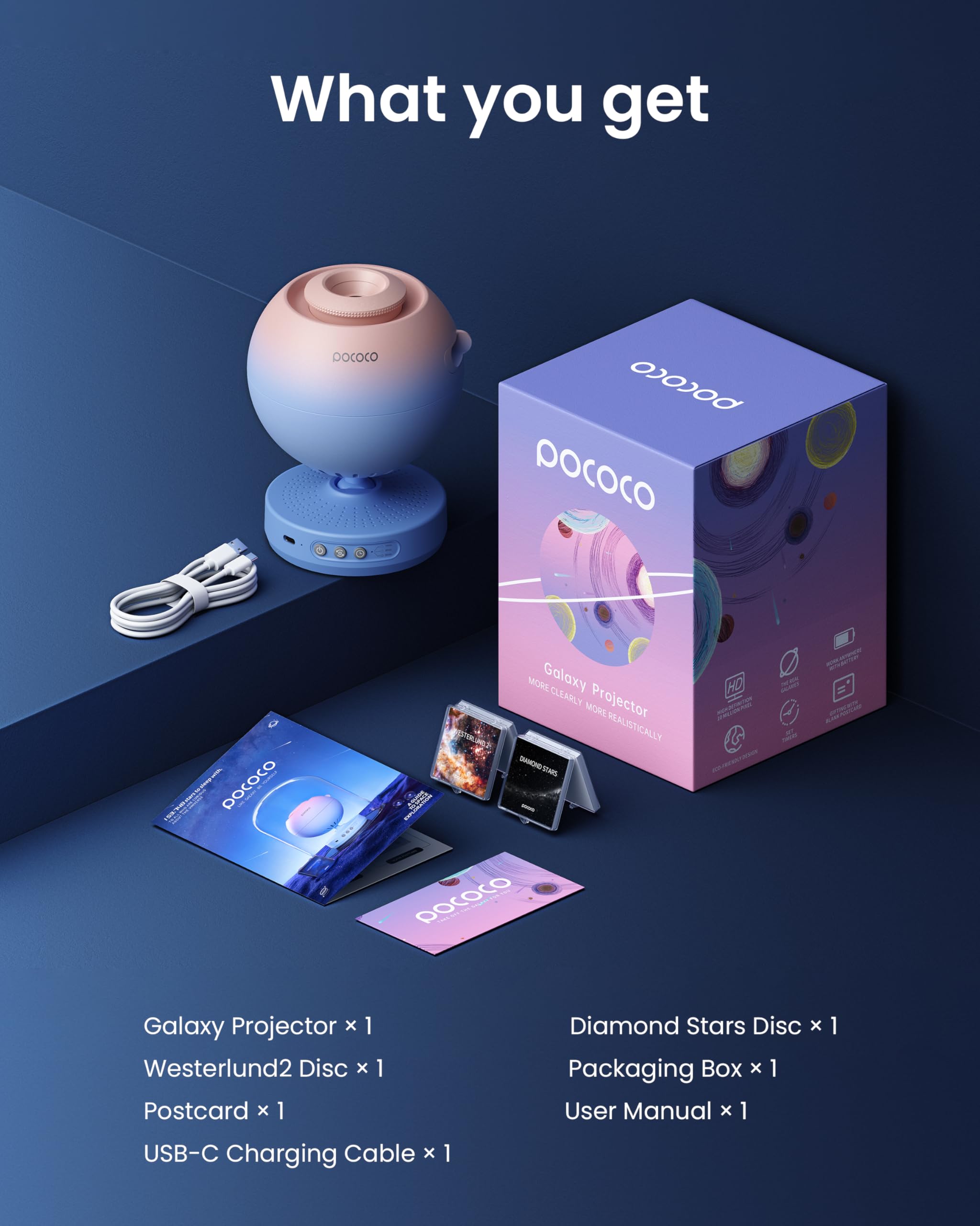 POCOCO Galaxy Star Projector runs on battery power for flexible placement.