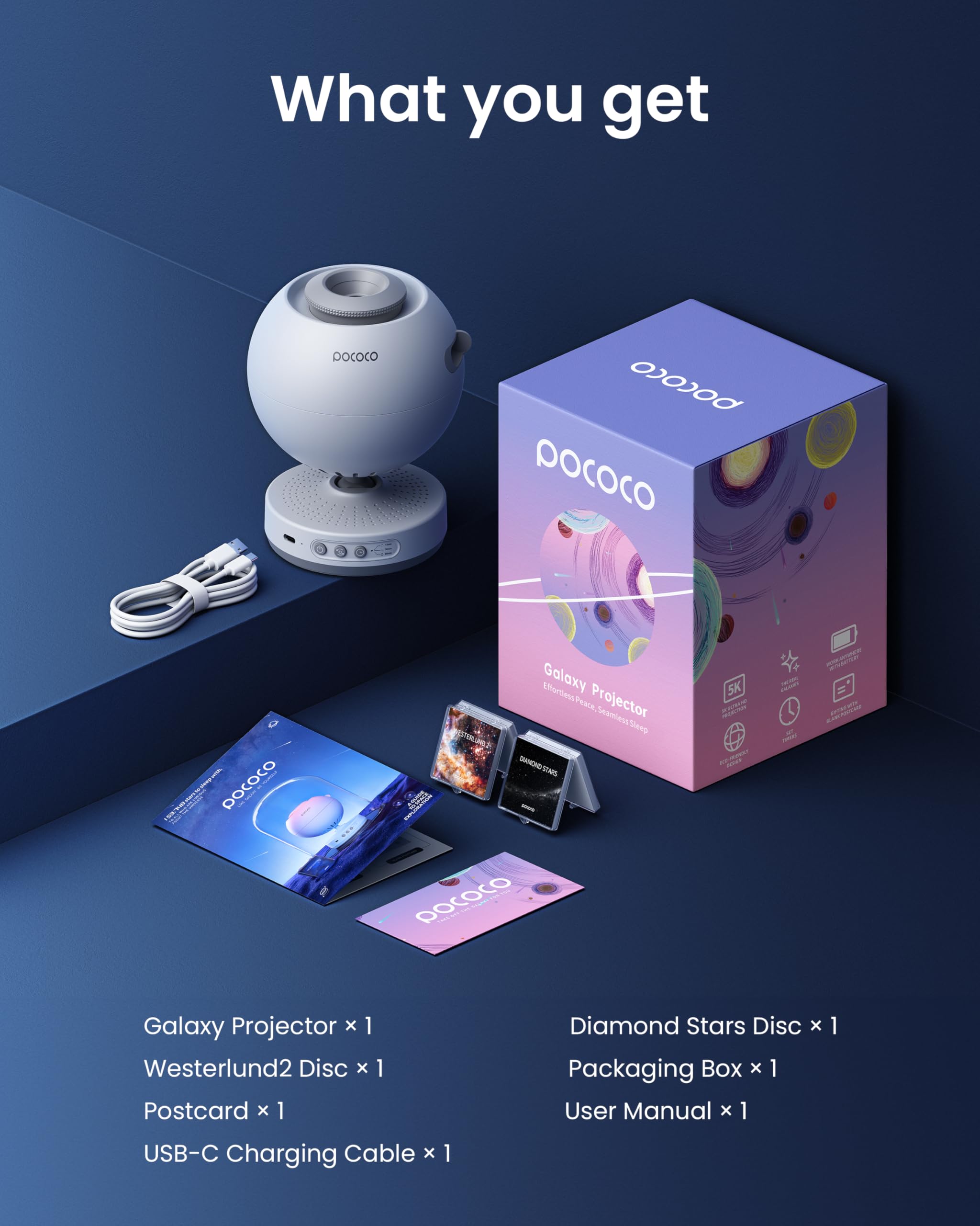 POCOCO Galaxy Star Projector disc rotation mode adds dynamic starfield effects.
