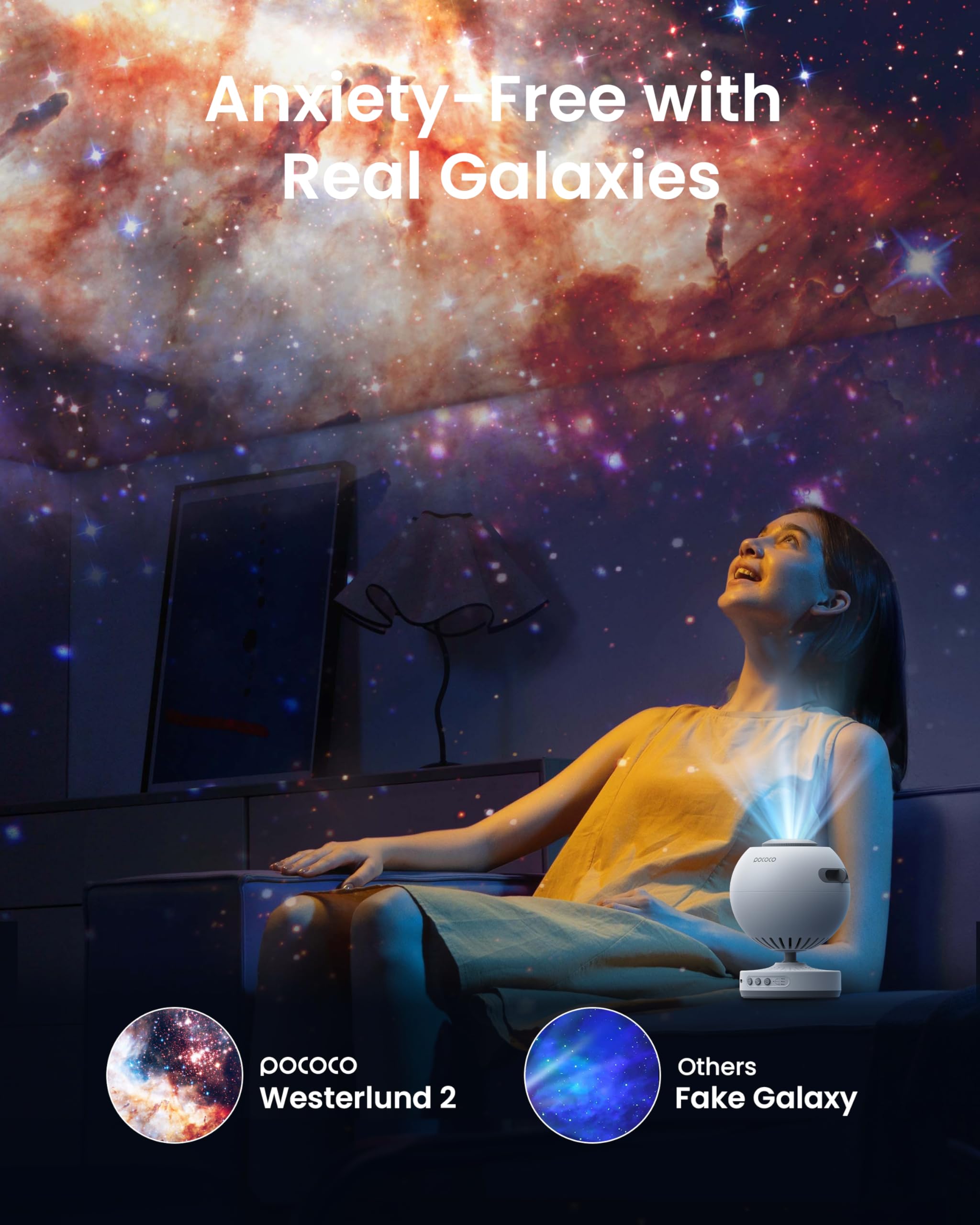 POCOCO Galaxy Star Projector in a bedroom creates a relaxing ambient glow.
